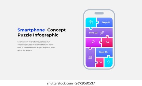 Modern smartphone infographic featuring a vertical puzzle layout with colorful steps. Perfect for presentations and tutorials about process, technology, and digital design