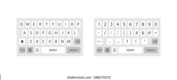 Modern smartphone keyboard . Mobile keyboard. Keyboard of smartphone, alphabet and numbers buttons. Mobile phone keypad vector mock-up. Compact virtual key board for mobile device. Vector