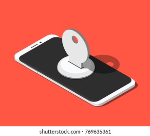 Modern smartphone with a keyhole on its screen and a key in it. Isometric vector illustration