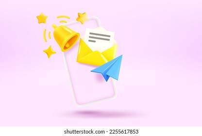 Modern smartphone with letter, plane and bell. Receiving message concept. 3d vector illustration
