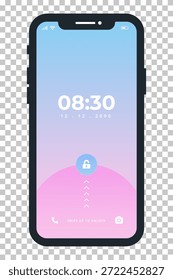 Smartphone moderno con una pantalla bloqueada que muestra la hora 08:30 y un fondo degradado azul-rosa, que muestra el deslizamiento para desbloquear la interfaz.