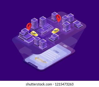 Modern smartphone lying on surface and projecting city map with taxi cars location indication. Mobile application for online cabs booking, internet service. Vector illustration in isometric style.