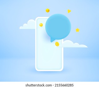 Modern smartphone with message application icon with speech cloud. 3d vector illustration