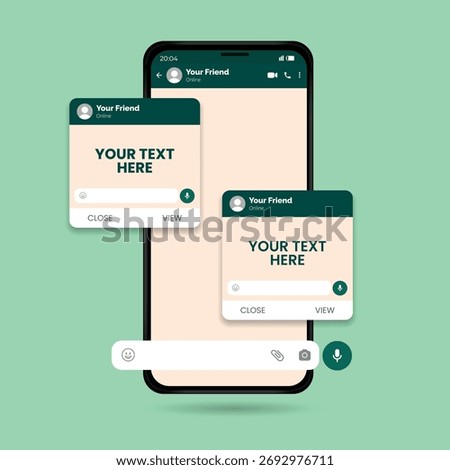 Modern Smartphone Messaging App UI Mockup with Chat Screen and Pop Up Notification Windows for Social Media Communication Design	
Submitted 2 months 