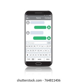 Modern smartphone with messenger app window. Chatting and messaging. SMS messages sending. Social network concept. Chat boxes. Realistic vector cellphone, mobile phone isolated on white background.