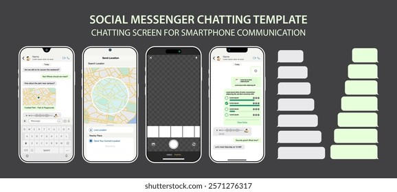 Modern Smartphone Messenger UI Template: Social Communication App Design for Chat and Messaging.Chat App in Smart Mobile Phone Template. Modern Realistic Cellphone. Vector.