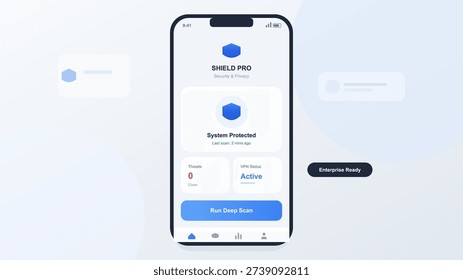 A modern smartphone mockup displays a security and privacy application interface. The dashboard features system protection status, threat monitoring, and a virtual private network toggle.