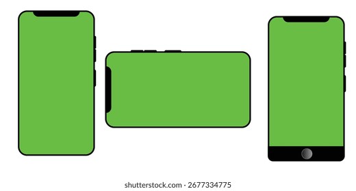Modernes Smartphone-Mockup-Set mit leerem grünem Bildschirm für Chroma Key Content Display. Vektorgrafik von Mobiltelefonen in Portrait- und Landschaftsorientierungen, Technologie- und App-Schnittstellenvorlage