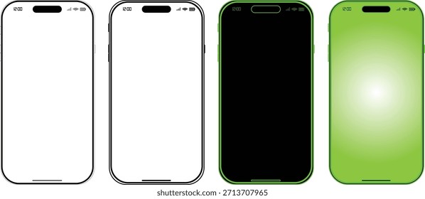 Modern Smartphone Mockup Set with Dynamic Island, Blank Screens, and Green Glow for UIUX Design