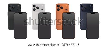 Modern Smartphone Mockup Set, Front and Back – Realistic 3D Mobile Phones with Triple Camera in Black, White, Orange, and Blue Colors Vector Illustration