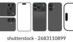 Modern smartphone mockup set, realistic 3D mobile phones front and back with triple camera, black color smart mobile phone design vector illustration