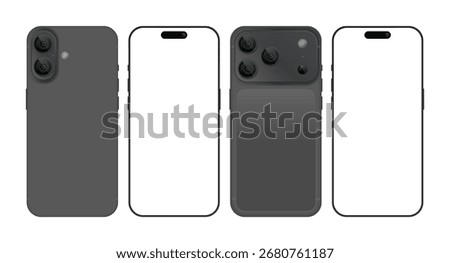 Modern Smartphone Mockup Set – Realistic 3D Mobile Phones Front and Back with Dual and Triple Camera in Black Color Vector Illustration