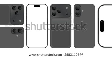 Modern smartphone mockup set, realistic 3D mobile phones front and back with triple camera, black color smart mobile phone design vector illustration