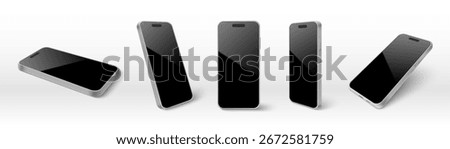 Modern smartphone mockup showing silver device from different angle views - horizontal flat, vertical standing, tilted perspective with black glossy screen for app presentation or digital marketing.