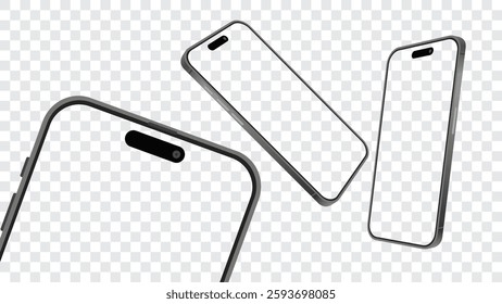 Modern Smartphone Mockup: Sleek Design with Transparent Background - Perfect for Mobile App Banners and Business Websites. 3D Isolated Template for Infographics and Presentations. Vector.