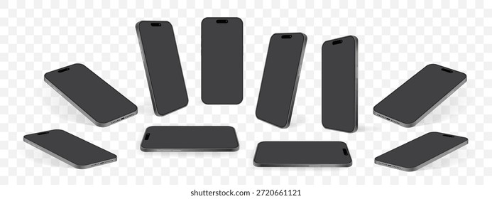Conjunto moderno de vetor da maquete do Smartphone - visualizações dianteiras, laterais e de perspectiva do dispositivo móvel 3D em múltiplos ângulos para a interface do aplicativo, o design da Web, a mostra do produto e a apresentação técnica
