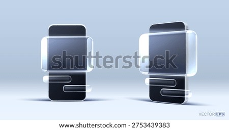 Modern smartphone mockups featuring transparent glass interface elements. Two sleek devices with abstract interactive frames. Vector illustration.