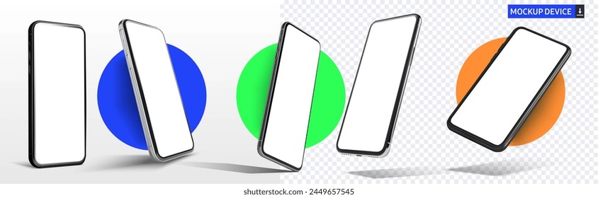 Moderne Smartphone Mockups Schweben mit geometrischen Hintergrund. Dynamische Anzeige von schlanken Smartphones in verschiedenen Winkeln gegen lebendige farbige Kreise, ideal für technische Präsentationen. Vektorillustration