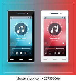 Modernes Smartphone mit musikalischem Player auf dem Bildschirm. Flaches Design für mobile Apps