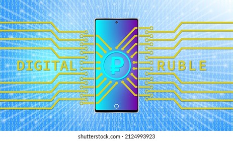 Modernes Smartphone mit neuem digitalen Russischen Rubel. Stilvolle Mikroschaltung. Finanzielles helles Vektorplakat