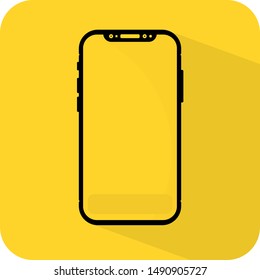 Modern smartphone. Notch display. Touchscreen. Flat 3D shadow design. yellow background black vector. product brand service label banner board display. App icon.