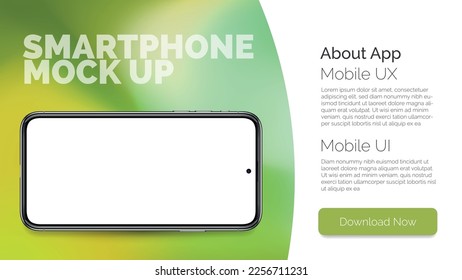 Modern smartphone on color background to show elements of interface on screen. Horizontal cell phone wireless communication. Vector 3d illustration. Concept of touch screen smartphone with blank