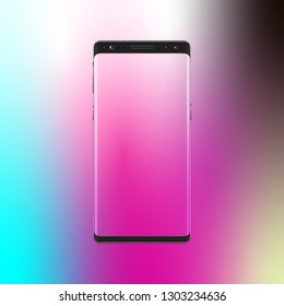 Modern smartphone on gradient background. Mobile phone with abstract colorful screen. Cell phone mockup design. Vector illustration.