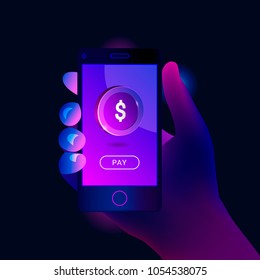 Modern smartphone on hand with processing of mobile payments. Dollar coin on the screen. Payment technology concept. Trendy style background. Vector illustration.