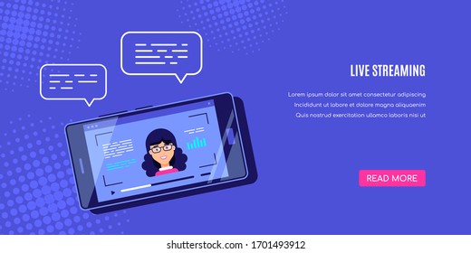 Modern smartphone with online video player on screen. Mobile streaming, live podcast, mobile video, TV concept banner. Flat style vector design.