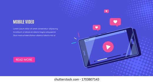 Modern smartphone with online video player on screen. Mobile streaming, live podcast, mobile video, TV concept banner. Flat style vector design.