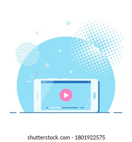 Modern smartphone with online video player on screen. Mobile streaming, live podcast, mobile video, TV concept banner. Flat style vector design.