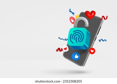 Modern smartphone with padlock. 3d vector banner with copy space