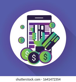  modern smartphone with processing of mobile payments from credit card on the screen