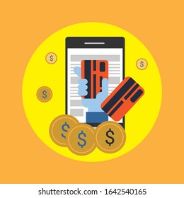  modern smartphone with processing of mobile payments from credit card on the screen