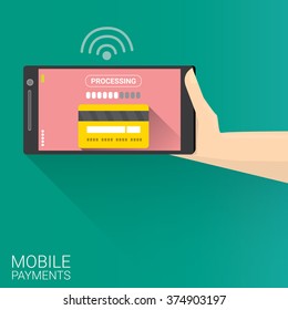 modern smartphone with processing of mobile payments from credit card on the screen. Internet banking concept. wireless money transfer.