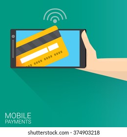 modern smartphone with processing of mobile payments from credit card on the screen. Internet banking concept. wireless money transfer.