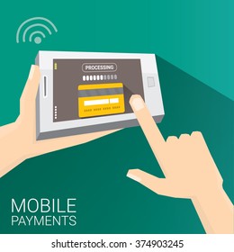 modern smartphone with processing of mobile payments from credit card on the screen. Internet banking concept. wireless money transfer.