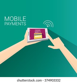 modern smartphone with processing of mobile payments from credit card on the screen. Internet banking concept. wireless money transfer.