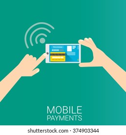 modern smartphone with processing of mobile payments from credit card on the screen. Internet banking concept. wireless money transfer.
