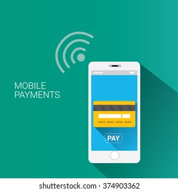 modern smartphone with processing of mobile payments from credit card on the screen. Internet banking concept. wireless money transfer.