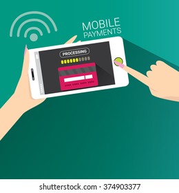 modern smartphone with processing of mobile payments from credit card on the screen. Internet banking concept. wireless money transfer.