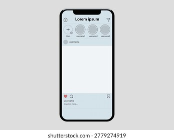 modern smartphone screen displaying social media application, user interface for sharing photos and videos, scrollable feed with profiles.