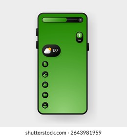 Tela de smartphone moderna com um design de interface de usuário gradiente verde, exibindo um widget meteorológico com temperatura, um interruptor de alternância e vários ícones de aplicativo