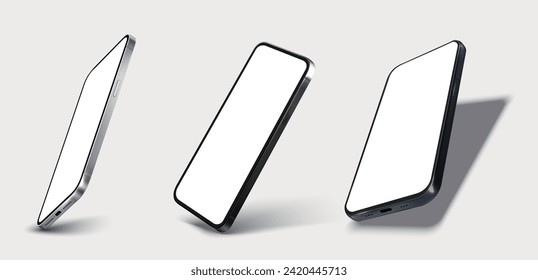 Modern Smartphone Set in Various Angles on Neutral Background. A trio of sleek, modern smartphones displayed at different angles, showcasing blank screens for your design mockups. Vector illustration