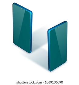 Modern smartphone with shadow on a white background.Multifunctional device standing in isometric view. Mock up.3D.Vector realistic illustration. 