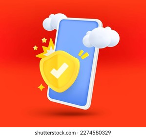Modern smartphone with shield and blank screen. 3d vector illustration