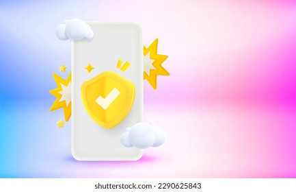 Modern smartphone with shield and blank screen. 3d vector banner with copy space
