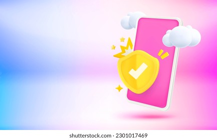 Modern smartphone with shield and blank screen. 3d vector banner with copy space