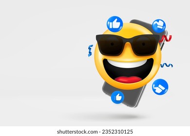 Modern smartphone with social media icons and laughing emoji with sunglasses. 3d vector banner with copy space