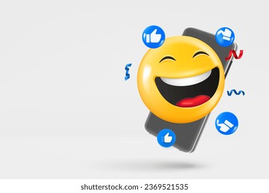 Modern smartphone with social media icons and laughing emoji. 3d vector banner with copy space